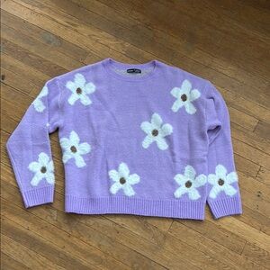 New! SHEIN Purple and White Crew Neck Sweater with Floral Design